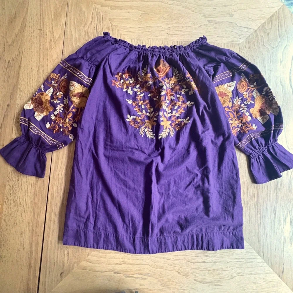 $148 FREE PEOPLE Purple Floral Embroidered Peasant Off Shoulder Dress Tunic‎ XS